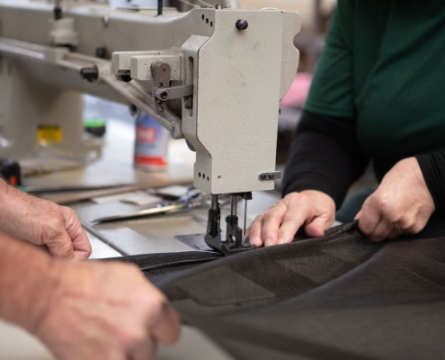 custom bag being sewn