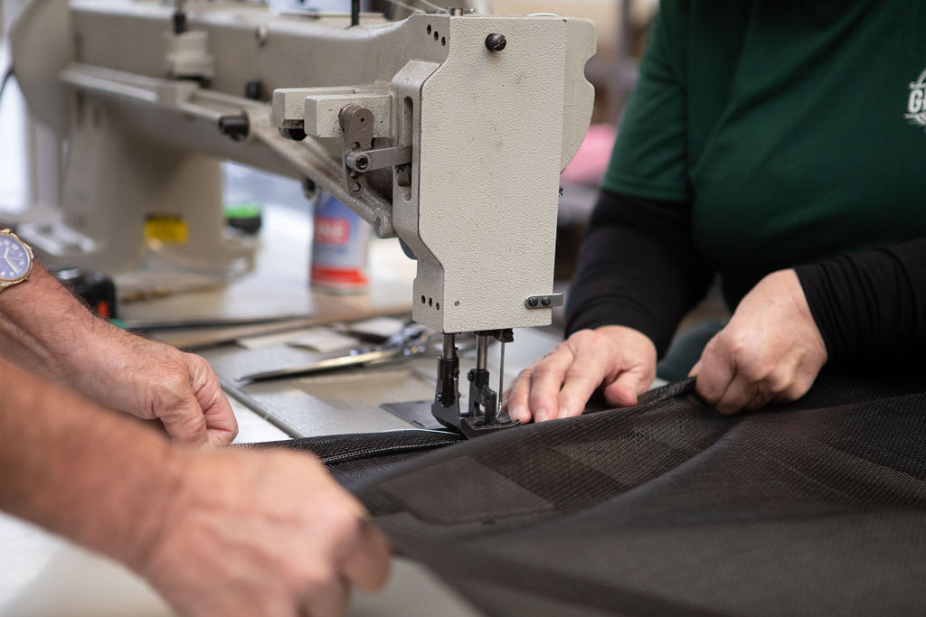 custom bag being sewn