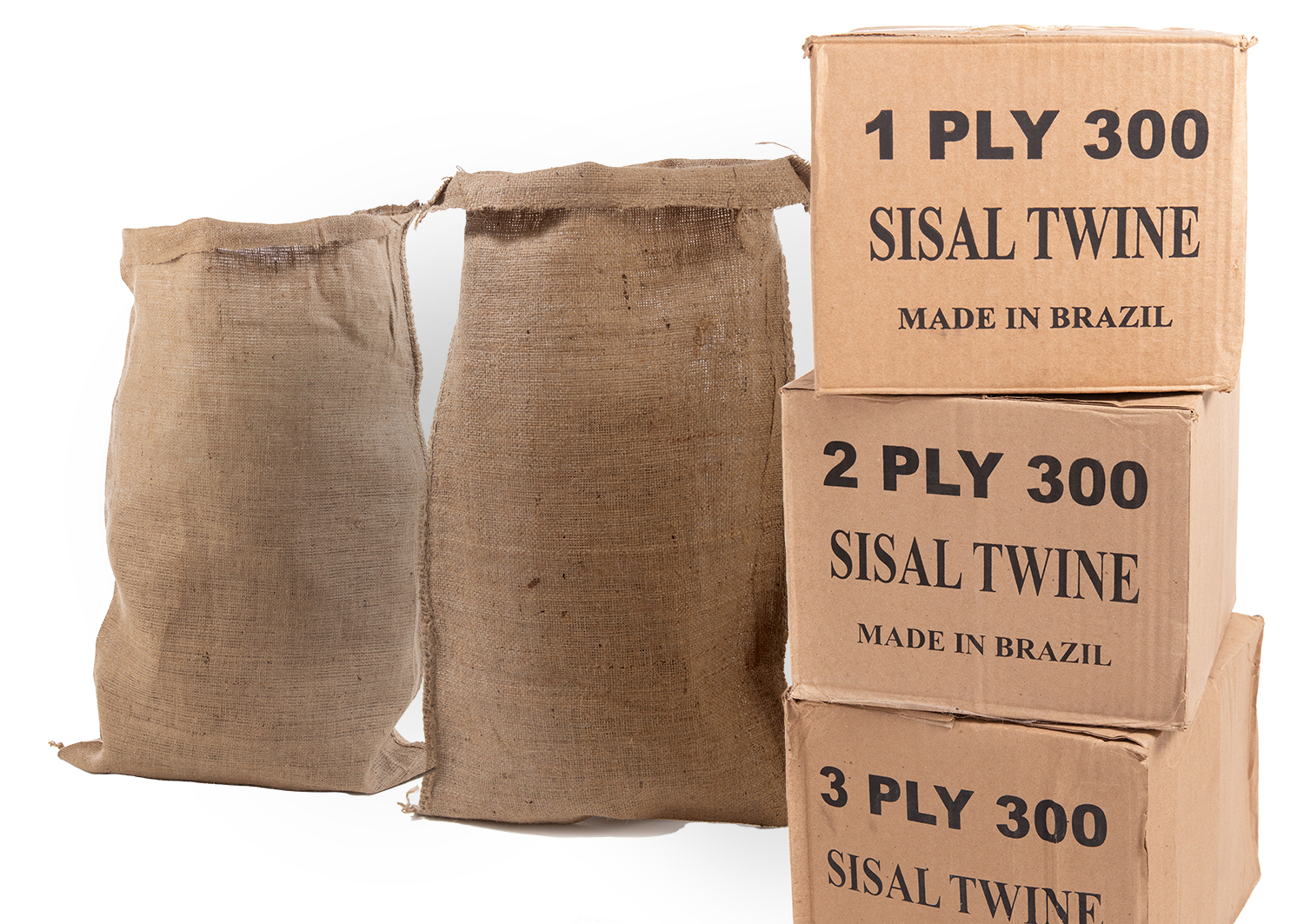 twine and burlap bags stacked